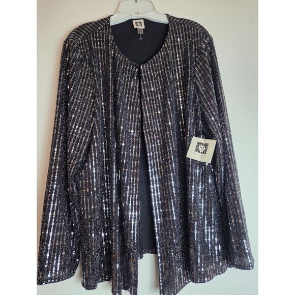 NWT Anne Klein Black & Silver Metallic Sequins Evening Cardigan Sweater size XL - Picture 7 of 12